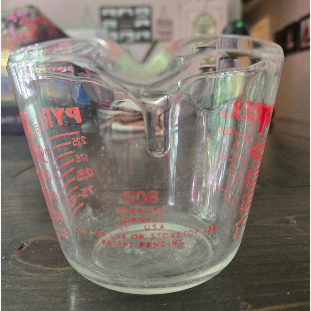 Vintage Pyrex 1 Cup Glass Measuring Cup Red Lettering Model 508 Corning USA 8oz - Picture 3 of 7